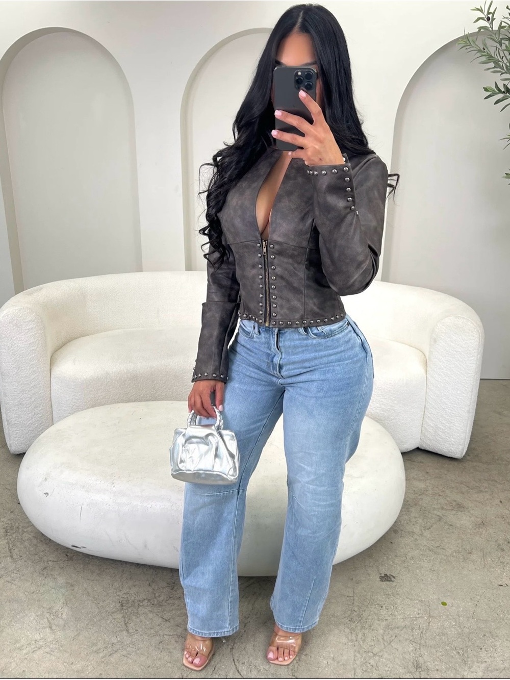 Stud-Trim Suede Jacket - Dark Gray